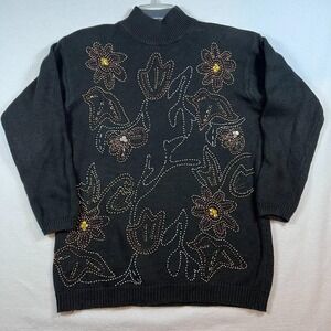 Vintage 90s Cezanne Sweater Mock Neck Beaded Floral Black Size‎ MD Ramie Cotton